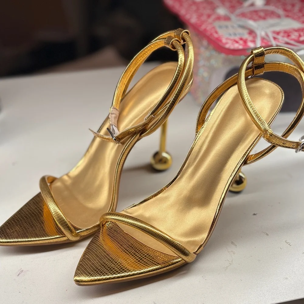 Gold Metallic Strappy High Heel Sandals - Women